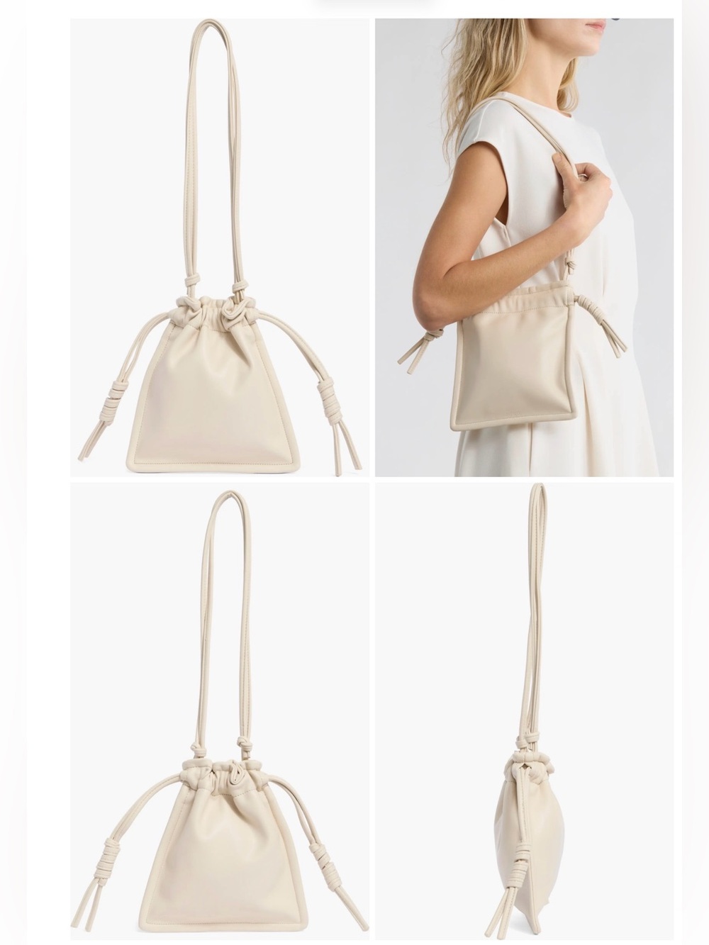 BCBG Cream Drawstring Knot-Detail Mini Under the arm bag.